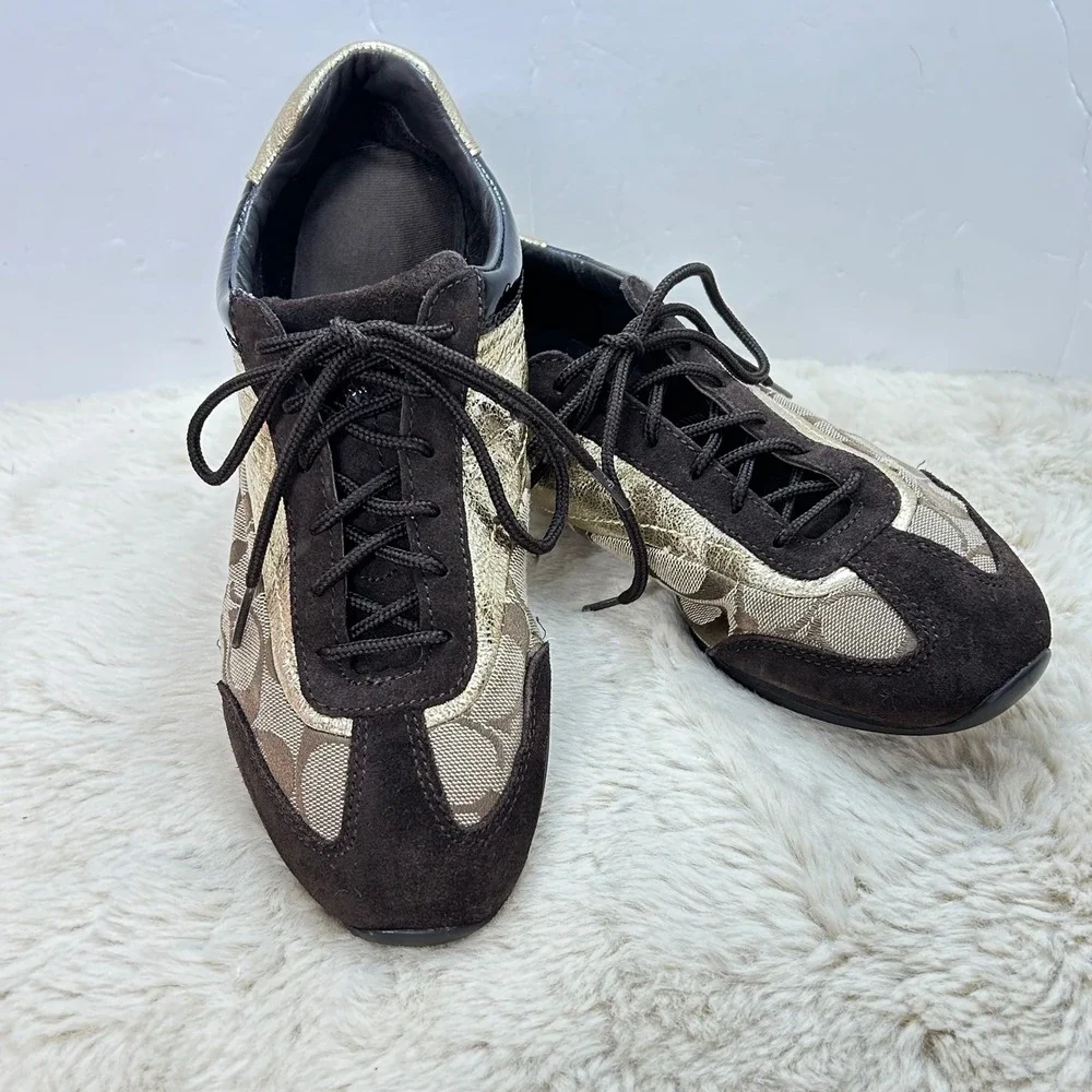 COACH‎ Brown & Gold Monogram Sneakers Shoes Low Top Designer